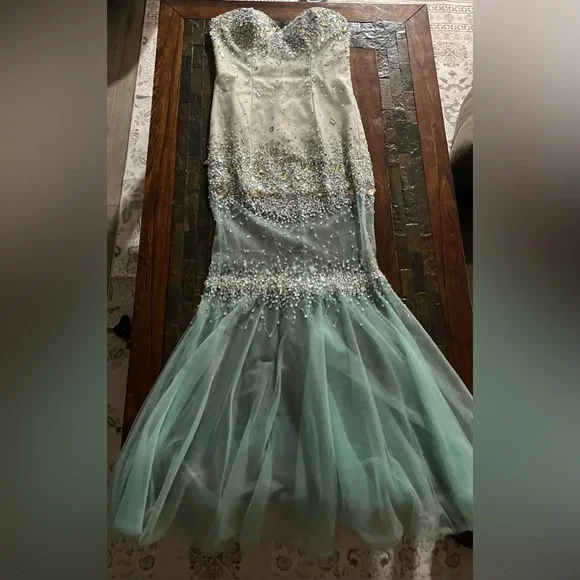 Terani Couture Strapless Beaded Dress in Cream and Green - Picture 2 of 9